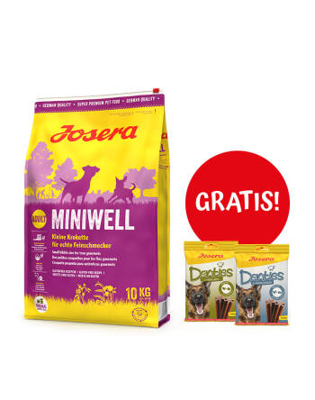 Josera p Miniwell 10kg drób z ryżem NEV + Denties 2szt gratis